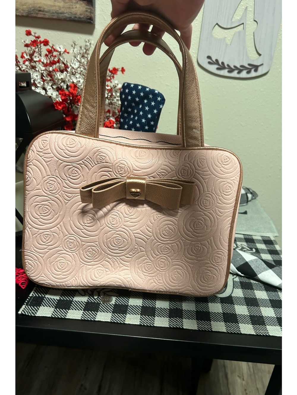 Betsey Johnson Pale Pink Embossed Rose Cosmetics Satchel with Bow NWOT